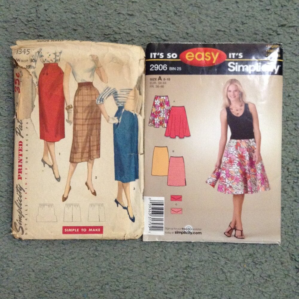 Lot of 2 CUT & COMPLETE Vintage Skirt Patterns, 1 1950s, 1 Y2K